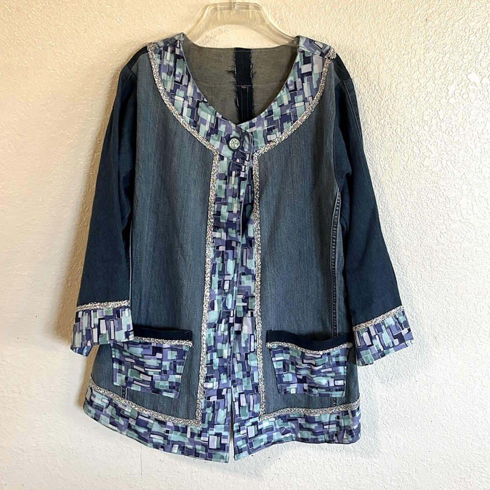 Vintage A Line Handmade Denim Color Block Jacket Size 14/16 3/4 sleeves